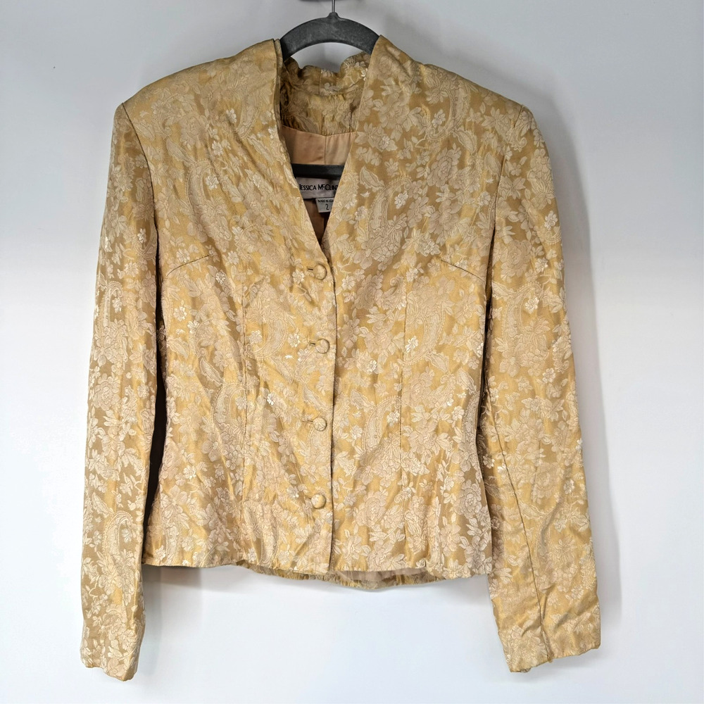 VTG Jessica McClintock Jacket Womens Size 2 Yellow Floral Brocade Cottagecore